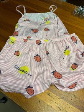 Pink Strawberry-Print Spaghetti Strap Pajama Set